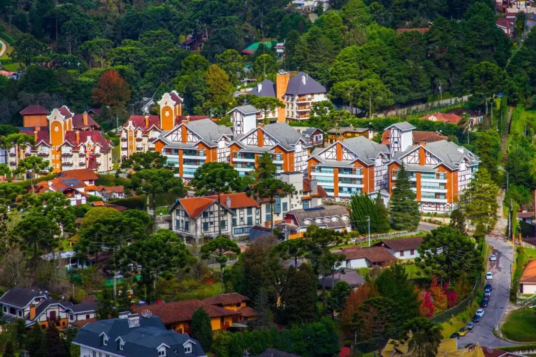 Vista de Campos do Jordão com as casas de arquitetura alpina entre a mata